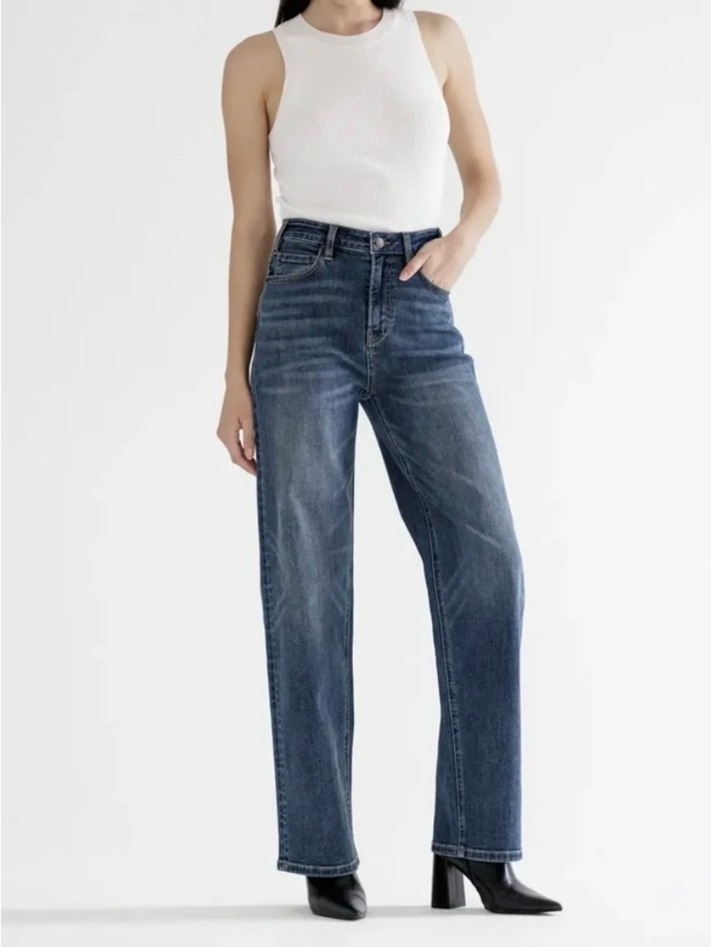 High-Waist Straight Leg Jeans in Washed Dark Blue - Picture 10 of 10